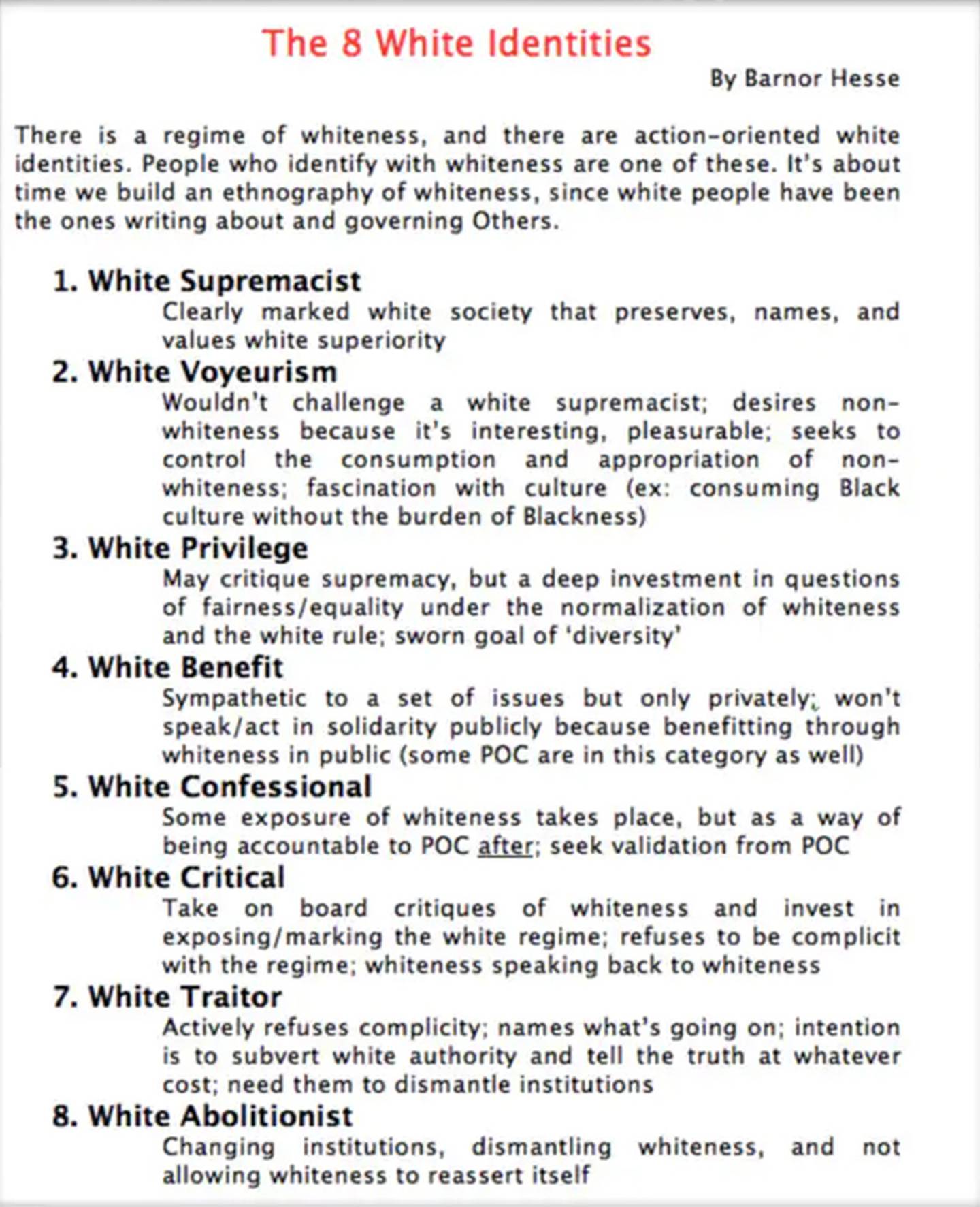 The dossier outlines the "eight different categories" white people supposedly fall under. Photo / Twitter