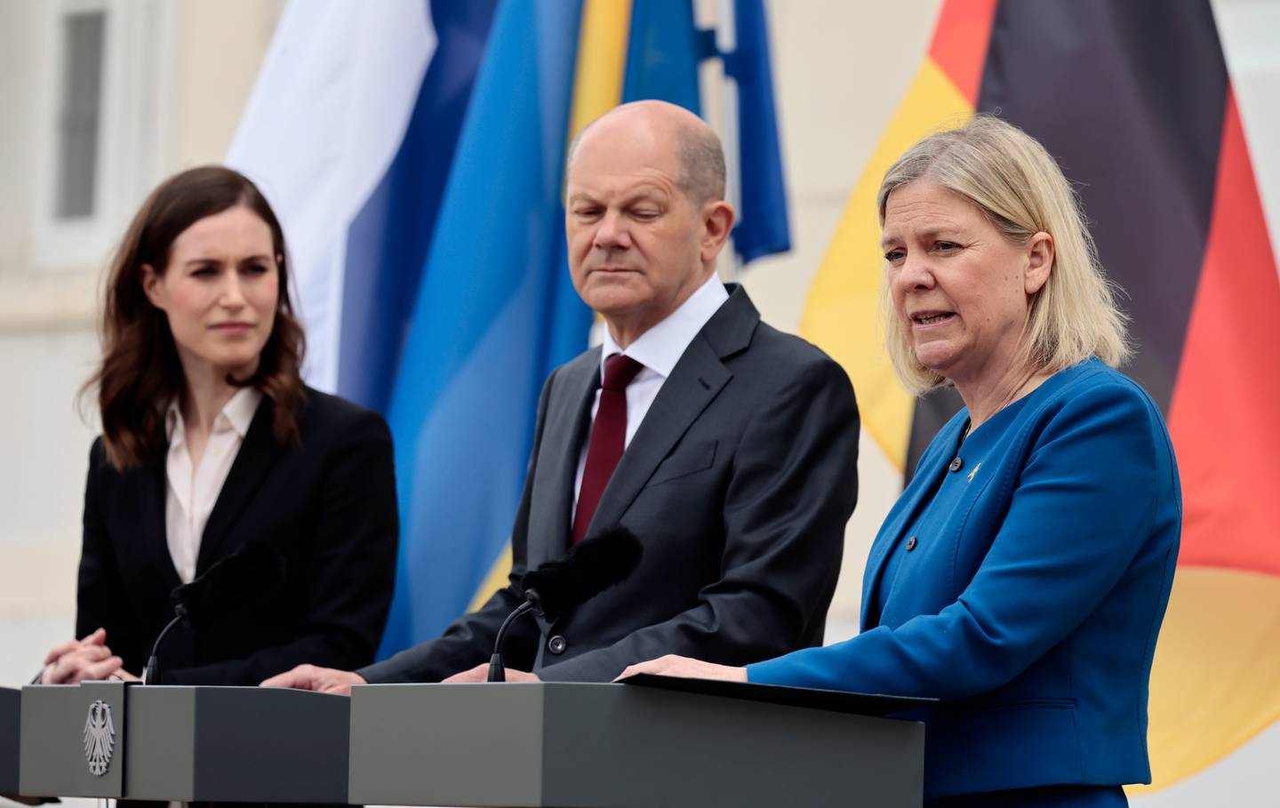 Finnish Prime Minister Sanna Marin, German Chancellor Olaf Scholz and Swedish Prime Minister Magdalena Andersson. Photo / Getty