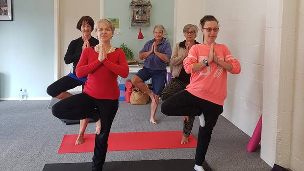 Yoga teacher Ali Tilley (front left) is celebrating the first birthday of her yoga centre in Marton. Photo / Liz Wylie