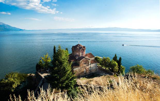 Saint John at Kaneo is a Macedonian Orthodox church situated on the cliff over Kaneo Beach overlooking Lake Ohrid in the city of Ohrid, North Macedonia. Photo / Getty Images