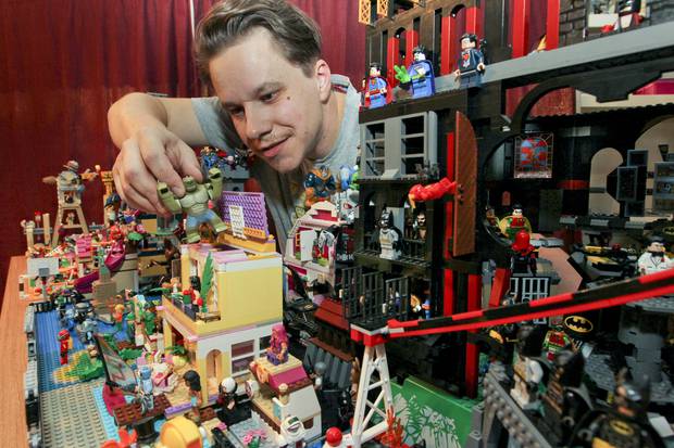 Tim Stevens prepares one of his two major displays for this weekend's big Lego show in Napier. Photo / Warren Buckland 