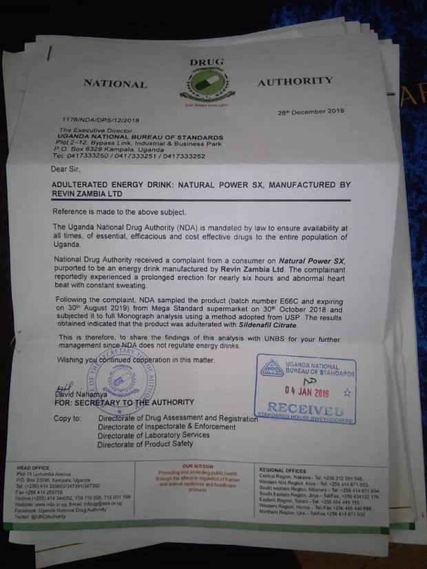 A letter from the Ugandan National Drug Authority states the agency received complaints of a prolonged erection from a consumer. Photo / Twitter