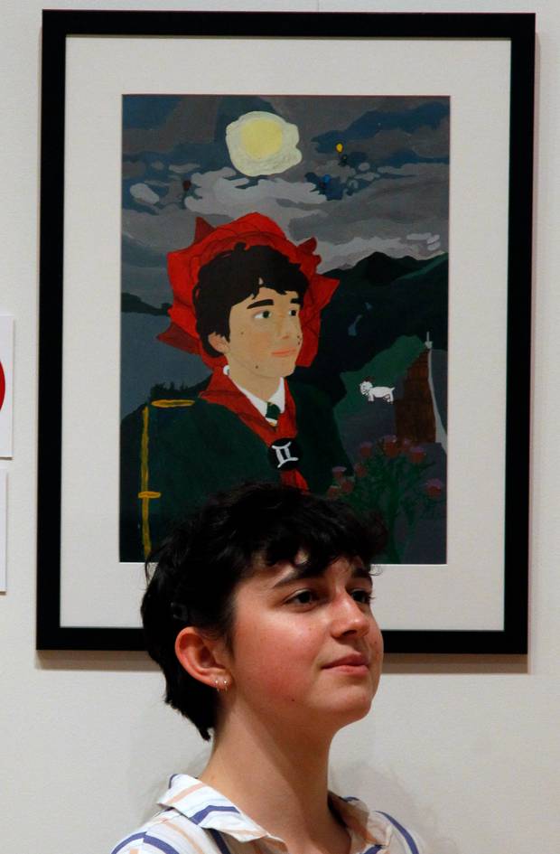 Rose Hird with her winning painting Rohi on show at the Sarjeant Gallery in Whanganui. Photo/Stuart Munro