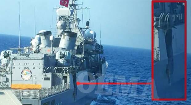 Damage sustained by the Turkis vessel which came into contact with a Greek frigate, from Greek news publication Protothema. Photo / Supplied