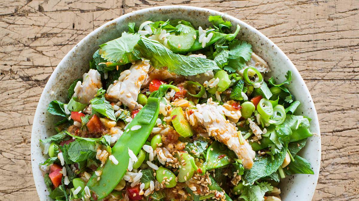 Brown rice, chicken, edamame and snow pea salad - NZ Herald