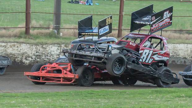 Max Holloway gets airborne over the front wheel of Richard Watkins at Oceanview Speedway. The season climaxes tonight with the West Coast champs. Photos by SB O'Hagan Photography 